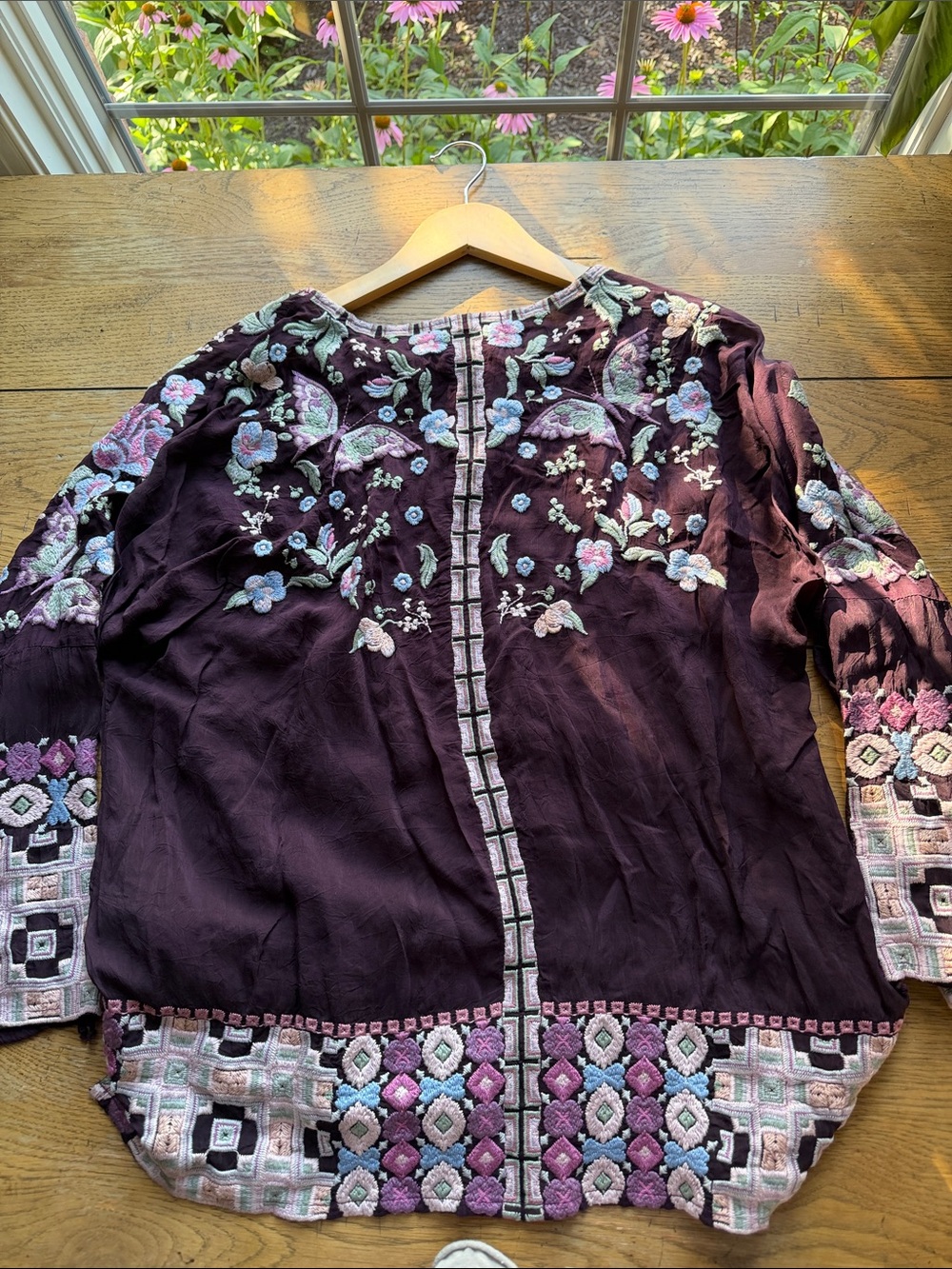 Johnny Was Plum Embroidered Floral V-Neck Tunic with Pink & Mint Accents - Picture 3 of 3